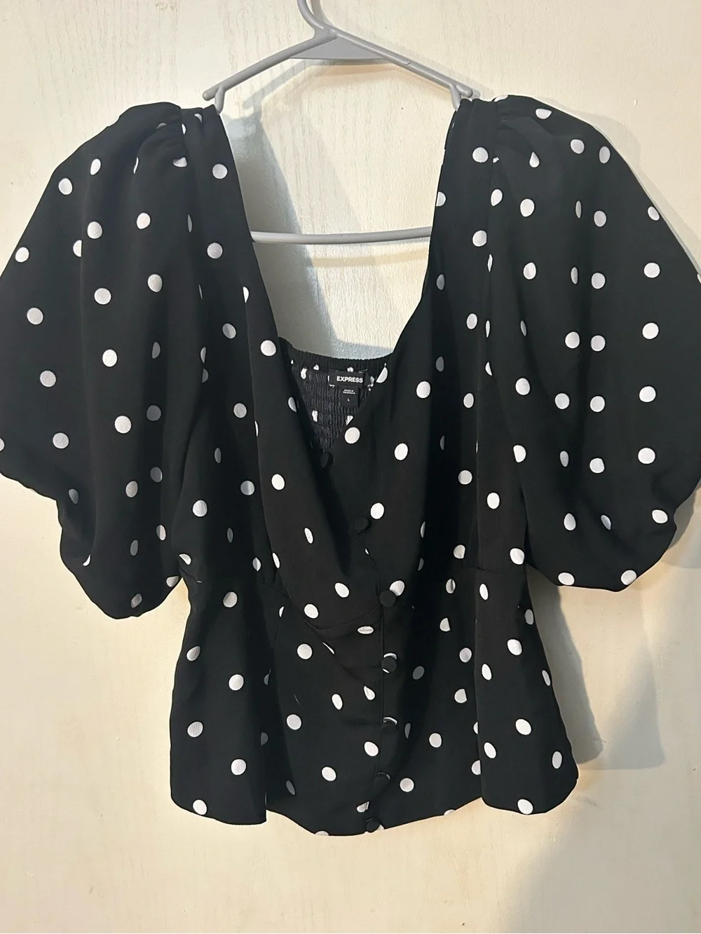 Express Black White Polka Dot Puff Sleeve Top & Skirt Matching Set Size L
